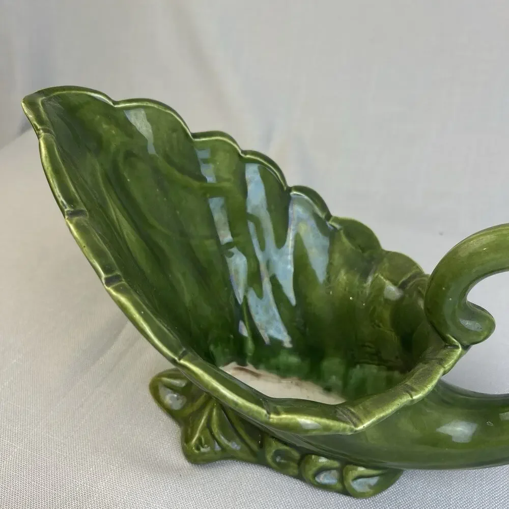 Vintage Ceramic Vase Dark Green Mid Century Modern Home Decor Cornucopia Bowl
